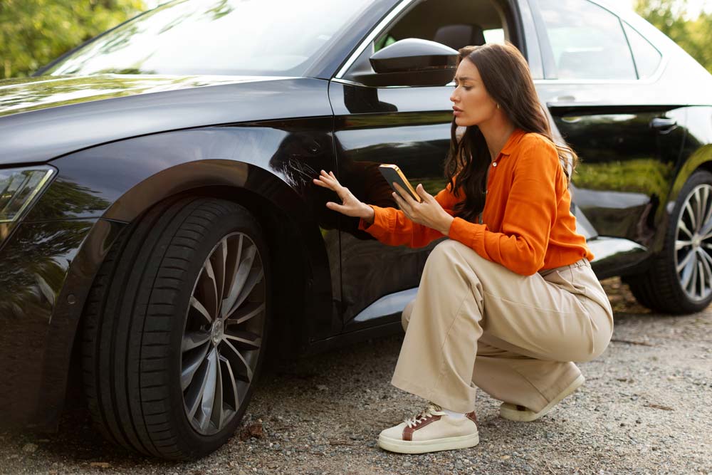 devojka gleda ogrebotinu na automobilu